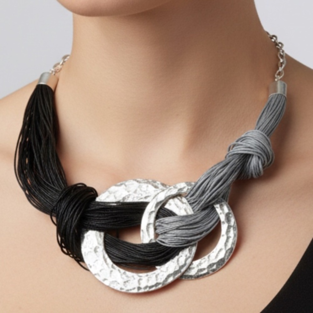 Womens Bohemian Leather Knotted Statement Black Gray Silver Necklace